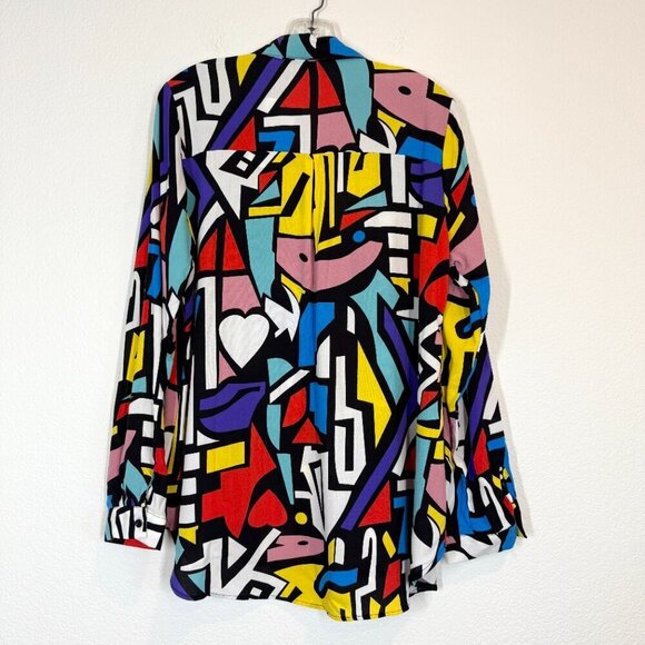 Abstract Blouse Top Button Front Blue Purple Pink Picasso Art Deco Colorful XL - Picture 4 of 11